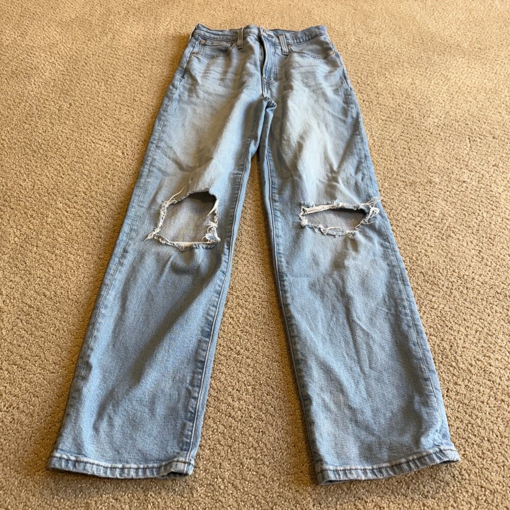 Madewell Jean Perfect Vintage Straight Light Wash Knee-Rip High Waist 24 #ND515 - Picture 8 of 16